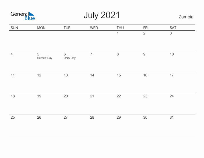 Printable July 2021 Calendar for Zambia