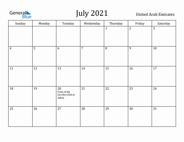 July 2021 Calendar United Arab Emirates