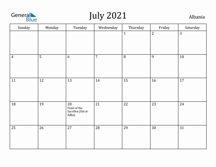 July 2021 Calendar Albania