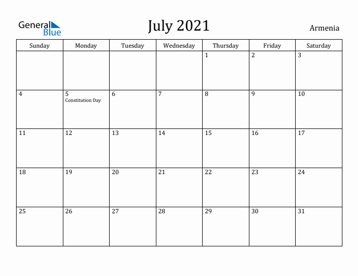 July 2021 Calendar Armenia
