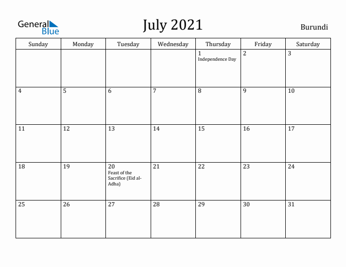 July 2021 Calendar Burundi