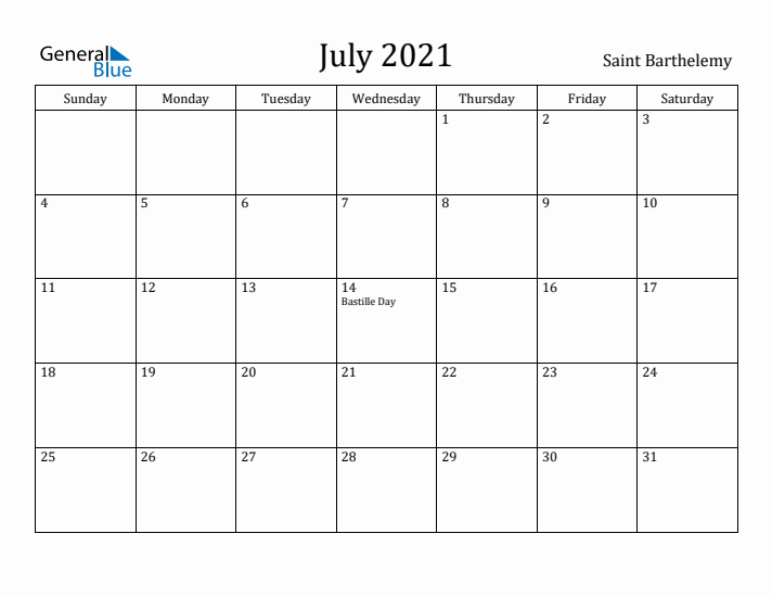 July 2021 Calendar Saint Barthelemy