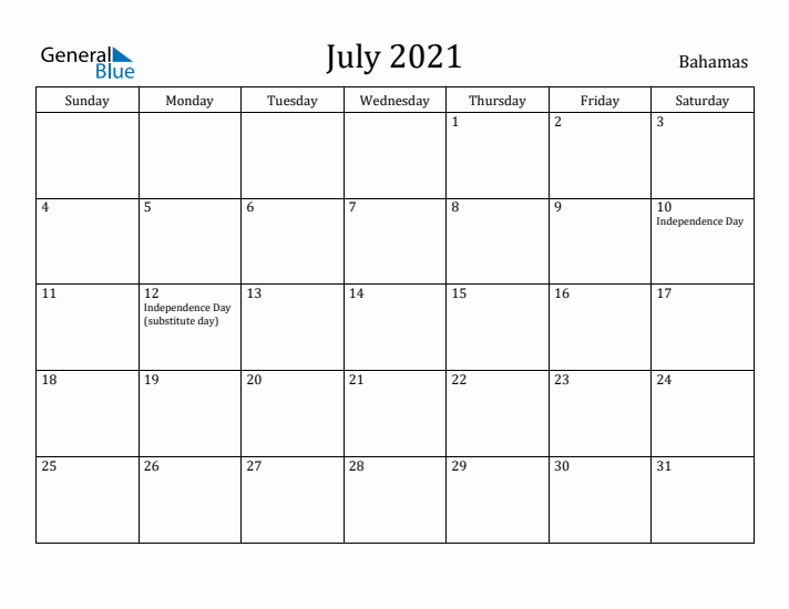 July 2021 Calendar Bahamas