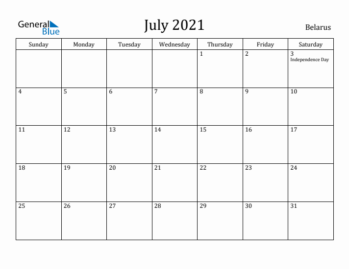 July 2021 Calendar Belarus