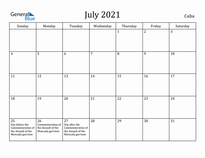 July 2021 Calendar Cuba