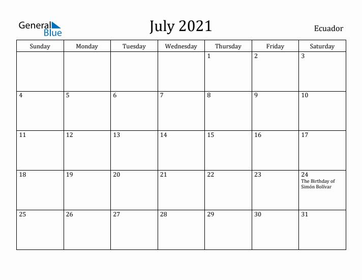 July 2021 Calendar Ecuador