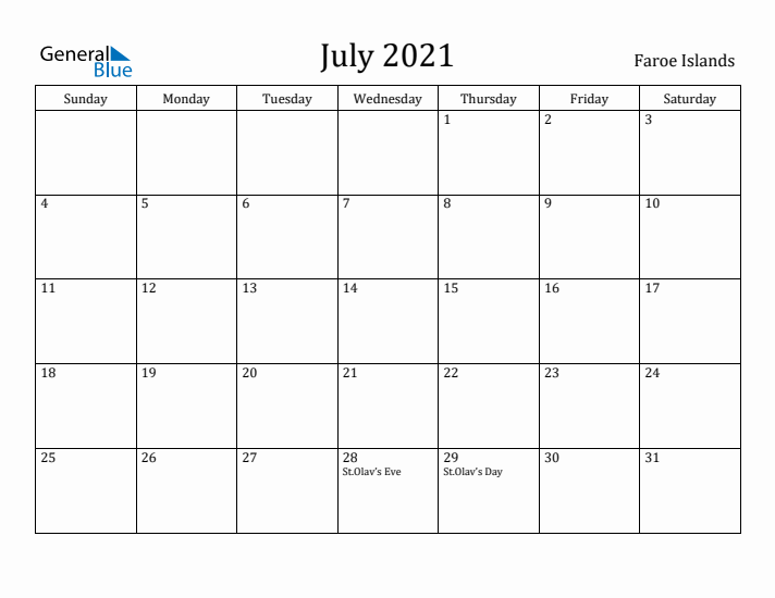 July 2021 Calendar Faroe Islands