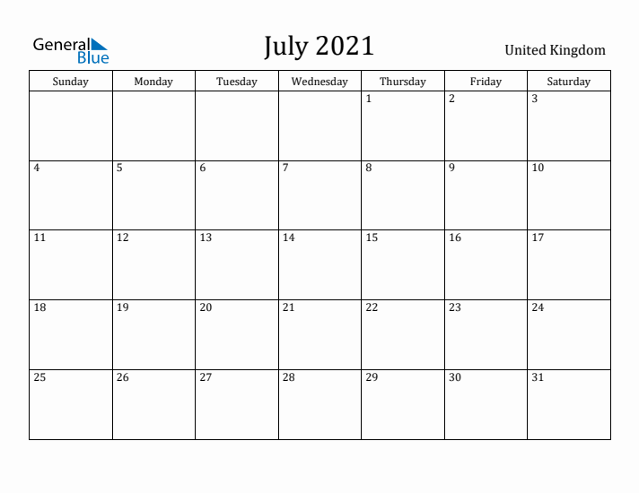 July 2021 Calendar United Kingdom
