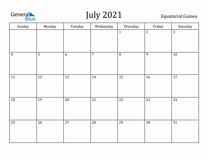 July 2021 Calendar Equatorial Guinea