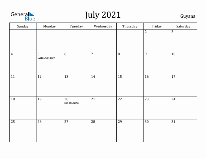 July 2021 Calendar Guyana