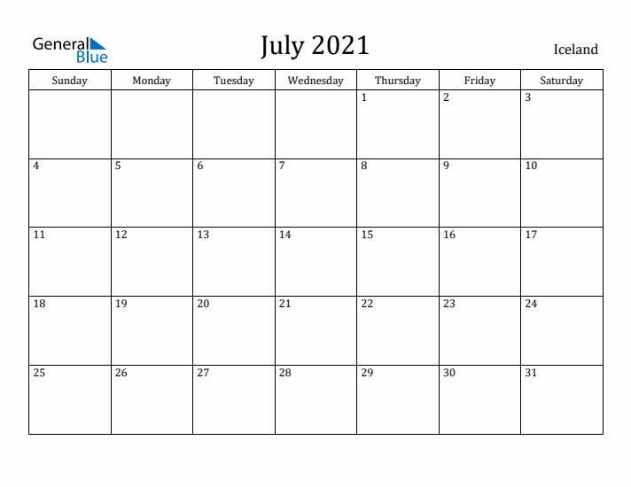 July 2021 Calendar Iceland