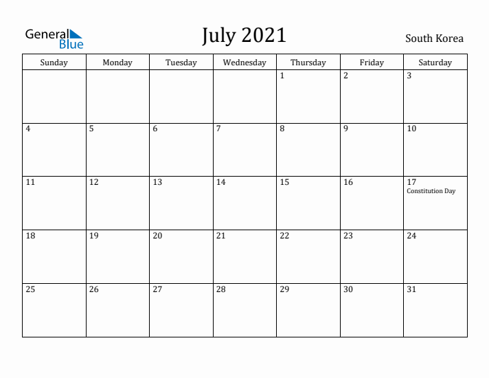 July 2021 Calendar South Korea