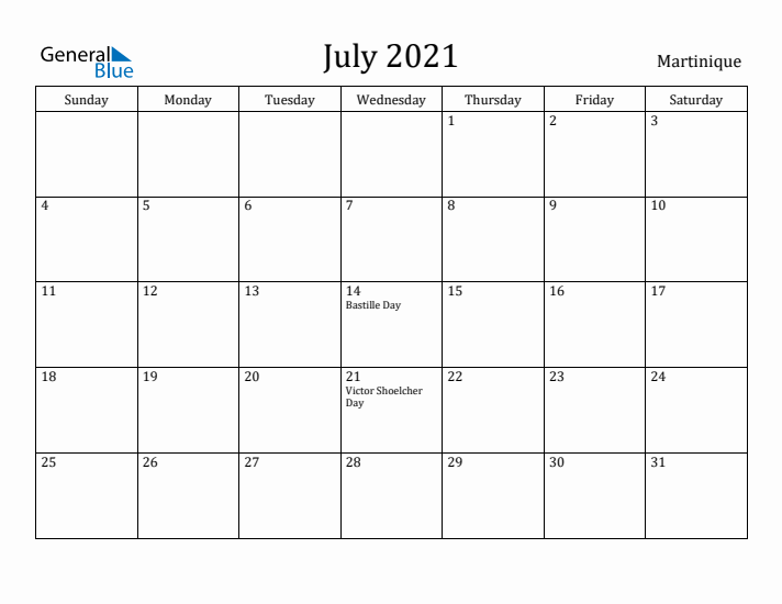 July 2021 Calendar Martinique