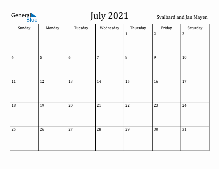 July 2021 Calendar Svalbard and Jan Mayen