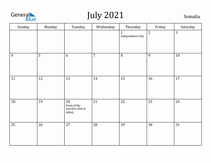 July 2021 Calendar Somalia