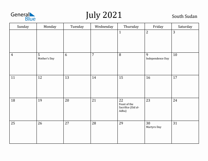 July 2021 Calendar South Sudan