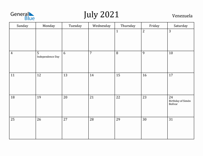 July 2021 Calendar Venezuela