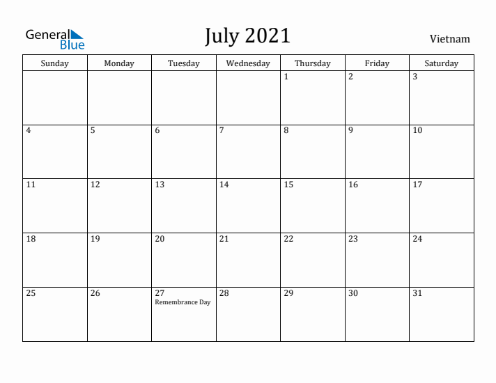 July 2021 Calendar Vietnam