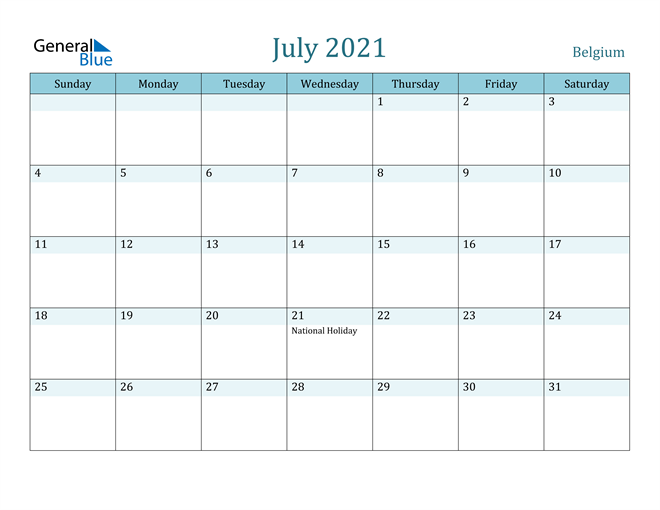 Belgium July 21 Calendar With Holidays