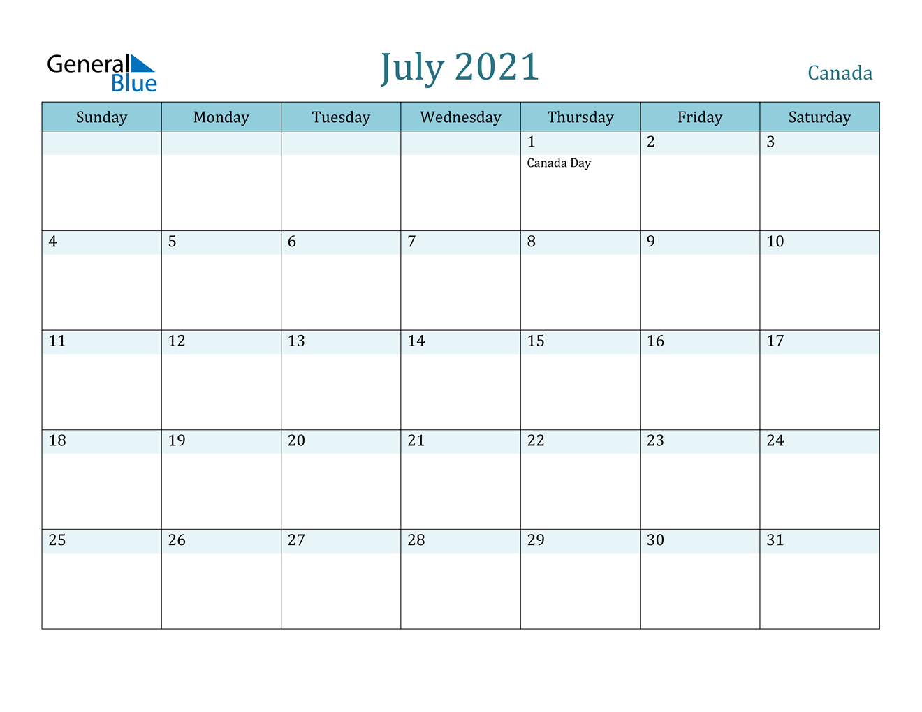 Canada July 2021 Calendar With Holidays