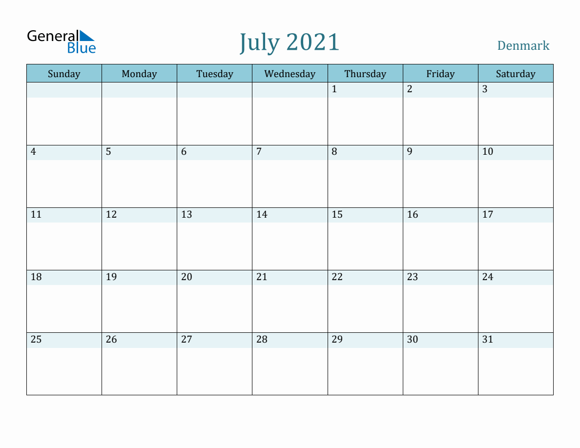 Denmark Holiday Calendar for July 2021