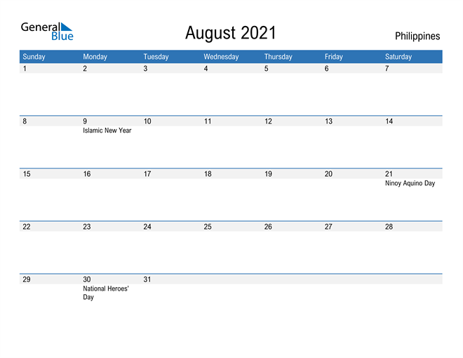 Philippines August 2021 Calendar with Holidays