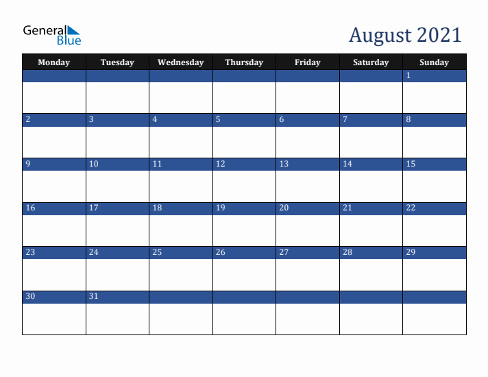 Monday Start Calendar for August 2021