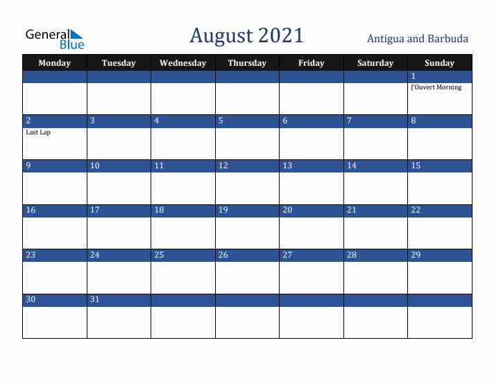 August 2021 Antigua and Barbuda Calendar (Monday Start)