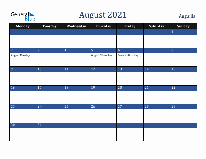 August 2021 Anguilla Calendar (Monday Start)