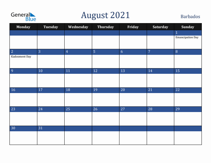 August 2021 Barbados Calendar (Monday Start)