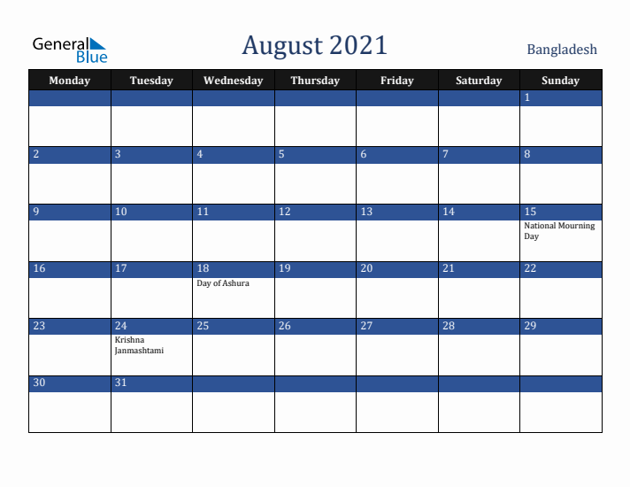 August 2021 Bangladesh Calendar (Monday Start)