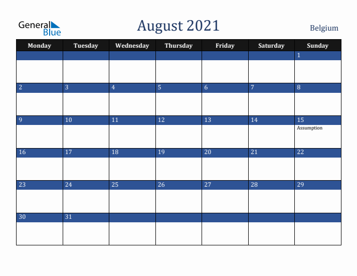 August 2021 Belgium Calendar (Monday Start)