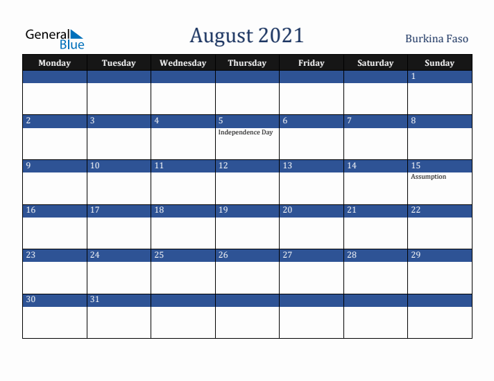 August 2021 Burkina Faso Calendar (Monday Start)