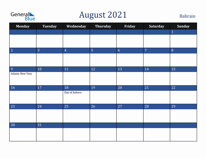 August 2021 Bahrain Calendar (Monday Start)