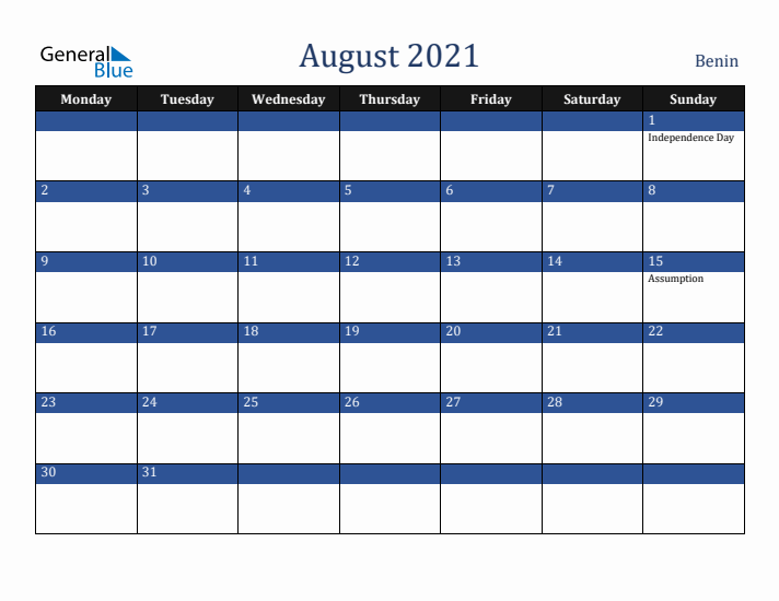 August 2021 Benin Calendar (Monday Start)