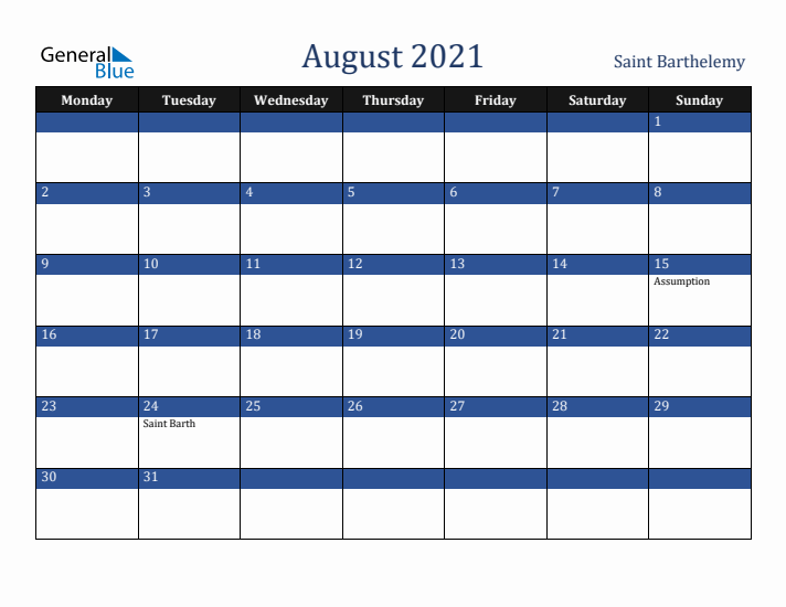 August 2021 Saint Barthelemy Calendar (Monday Start)