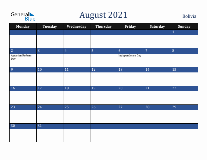 August 2021 Bolivia Calendar (Monday Start)