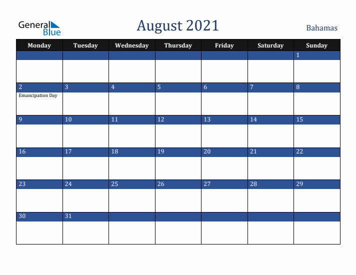 August 2021 Bahamas Calendar (Monday Start)