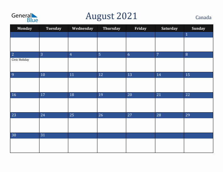 August 2021 Canada Calendar (Monday Start)