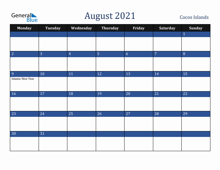August 2021 Cocos Islands Calendar (Monday Start)
