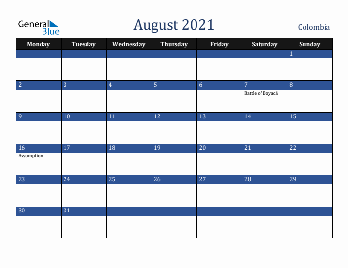August 2021 Colombia Calendar (Monday Start)