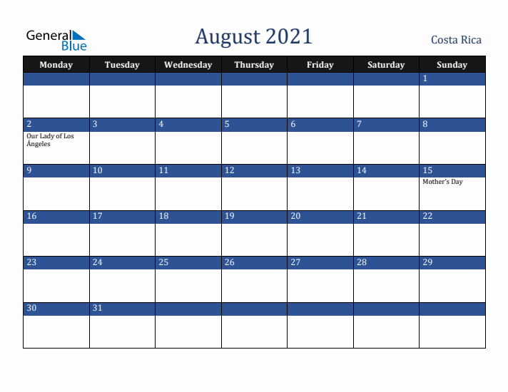 August 2021 Costa Rica Calendar (Monday Start)