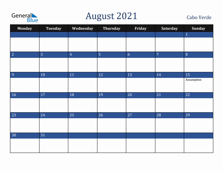 August 2021 Cabo Verde Calendar (Monday Start)