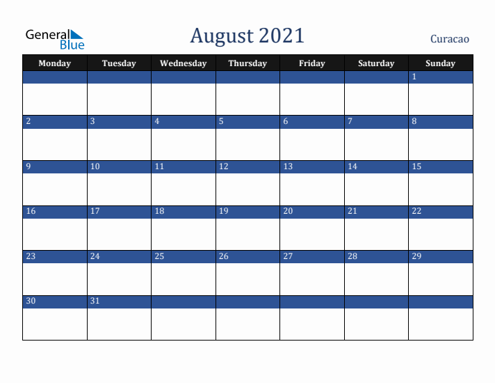 August 2021 Curacao Calendar (Monday Start)