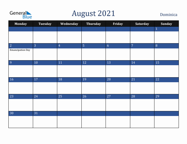 August 2021 Dominica Calendar (Monday Start)