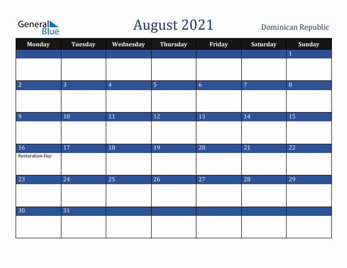 August 2021 Dominican Republic Calendar (Monday Start)