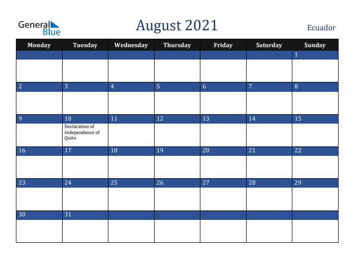August 2021 Ecuador Calendar (Monday Start)