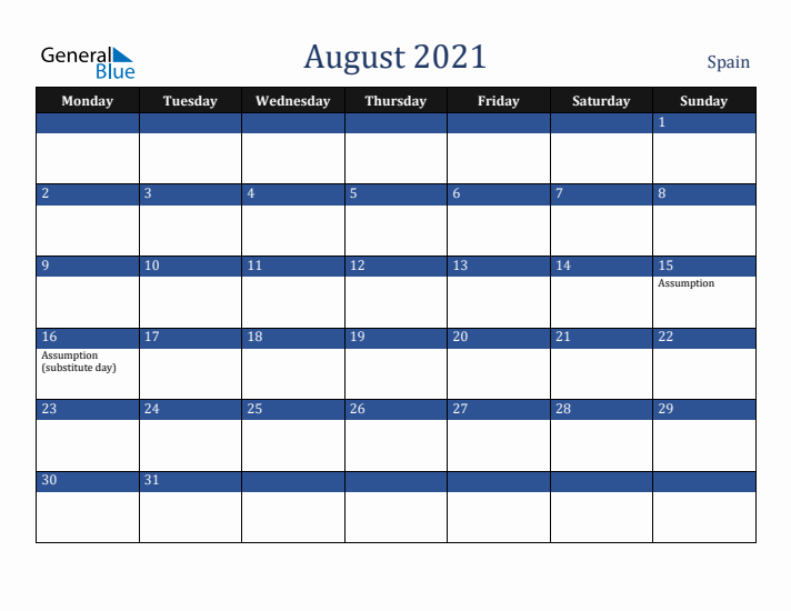August 2021 Spain Calendar (Monday Start)