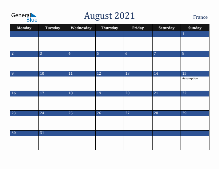 August 2021 France Calendar (Monday Start)