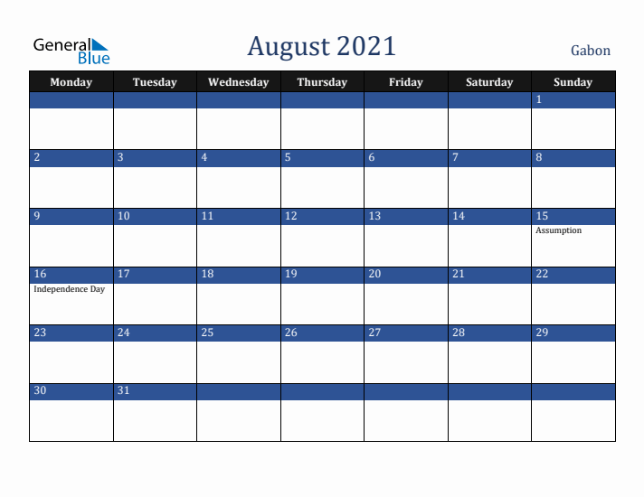 August 2021 Gabon Calendar (Monday Start)